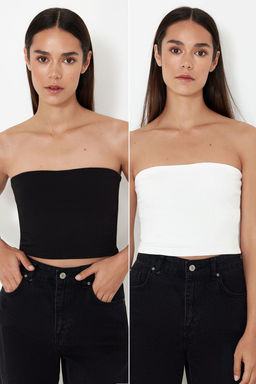 Trendyolmilla Siyah-Ekru 2Li Paket Esnek Orme Bluz TWOSS24BZ00600