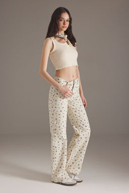 Ekru Cicek Bask?l? Normal Bel Wide Leg Jeans TWOSS25JE00261