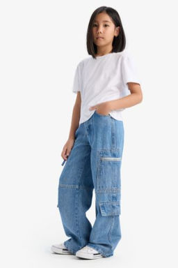 K?z Cocuk Wide Leg Kargo Genis Bol Paca Jean Pantolon