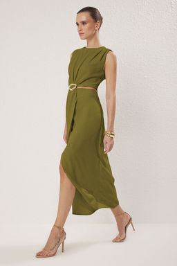 TRENDYOLMILLA Yag Yesili A Kesim Cut Out ve Aksesuar Detayl? Maxi Dokuma Krep Elbise TWOSS25EL00017 фото 37