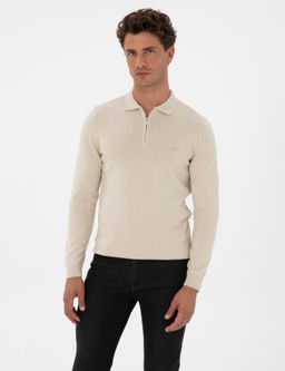 Krem Melanj Slim Fit Polo Yaka Fermuarl_ Basic Triko Kazak - Pierre cardin фото 3