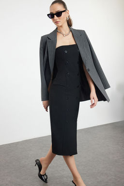 Siyah Duz Kesim Dugme Detayl? Straplez Midi Dokuma Elbise TWOAW24EL00418