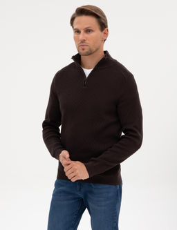 Koyu Kahverengi Slim Fit Dik Yaka Fermuarl_ Triko Kazak - Pierre cardin фото 3