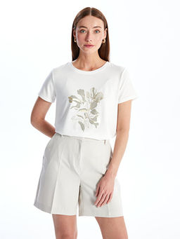 Bisiklet Yaka Bask?l? K?sa Kollu Kad?n Ti??rt