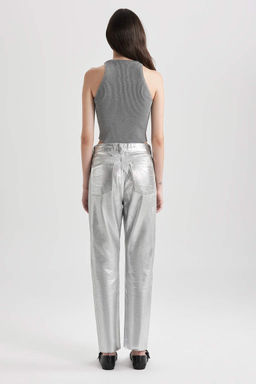 Прямая посадка, обычная форма, нормальная талия, длина до щиколотки, джинсовые брюки с эффектом металлик - Defacto фото 9