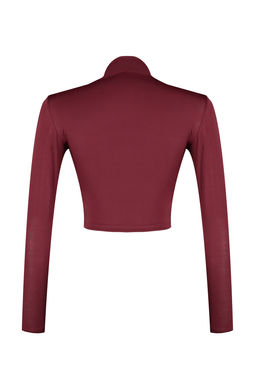 Bordo Dik Yaka Drapeli Vucuda Oturan Esnek Orme Crop Bluz TWOAW24BZ00164