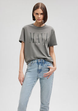 Mavi Logo Bask?l? Gri Tisort