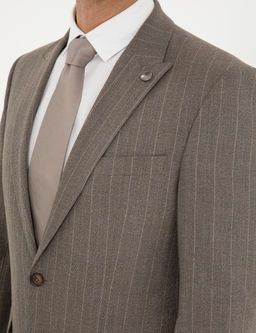 A__k Kahverengi Slim Fit _izgili Tak_m Elbise
