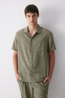 Relax Fit Polo Yaka Keten G_r_n_ml_ Yazl_k K_sa Kollu G_mlek