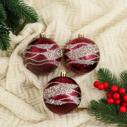 Ёлочные игрушки Сказочные узоры, шары новогодние, d=8 см, набор 3 шт., волны, бордовый
