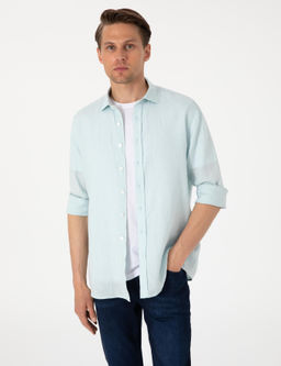 Su Ye_ili %100 Keten Regular Fit Uzunkollu G_mlek