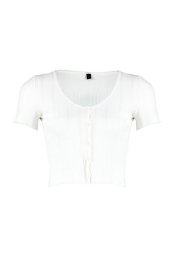 Ekru Patl? Crop Havuz Yaka Fitilli Esnek Orme Bluz TWOSS24BZ00364