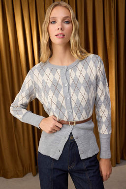 Gri Baklava Desenli Kemerli Triko H?rka TWOAW26HI00150