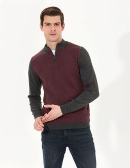 Gri Melanj Slim Fit Fermuarl_ Dik Yaka Triko Kazak