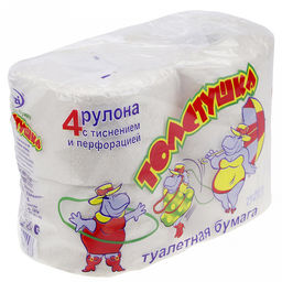 Туалетная бумага 2-слойная "Толстушка" 4 рулона, сырье - вторичное волокно, с перфорацией и тиснением, светло-серый, LIZZi (Россия)