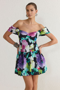 TRENDYOLMILLA Cok Renkli Carmen Yaka Cicekli Poplin Dokuma Mini Elbise TPRSS25EL00107