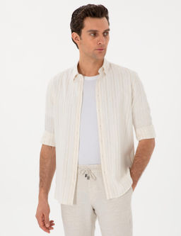 Bej Slim Fit _izgili Keten Kar___ml_ G_mlek