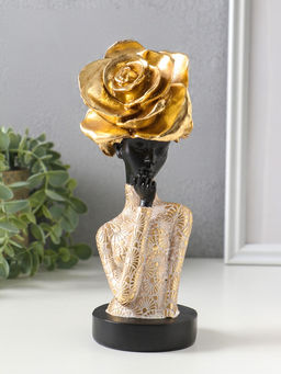 Бюст полистоун «Девушка с золотой розой, в наряде с узорами», чёрный, 9×7.5×19.5 см