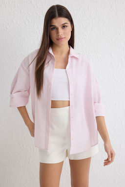 Ac?k Pembe Basic Cizgili Oversize Genis Kal?p Dokuma Gomlek TWOSS23GO00144