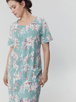 Халат женский зеленый с принтом акварельные цветы