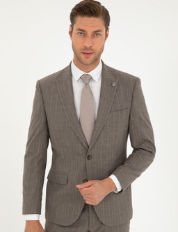 A__k Kahverengi Slim Fit _izgili Tak_m Elbise