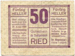 50 геллеров 1920 года Австрия Рид(нотгельд)