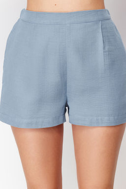 Mavi %100 Pamuklu Baglama/Kurdele/Fiyonk Detayl? Muslin Sortlu Dokuma Pijama Tak?m? THMSS24PT00077