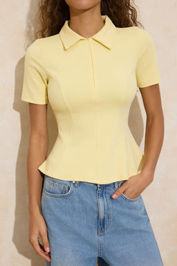 Sar? Peplum Polo Yaka Yar?m Pat Fermuar Truvakar Interlok Orme Bluz TWOSS26BZ00064 - Trendyolmilla фото 5