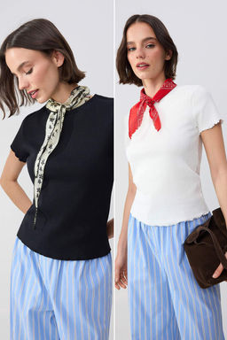 Wardrobe Essentials-Siyah-Ekru 2li Paket Fitted/Vucuda Oturan Esnek Orme T-Shirt TWOSS26TS00154