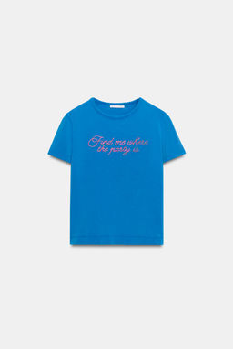 CAMISETA TEXTO BRILLO EFECTO LAVADO / Azul
