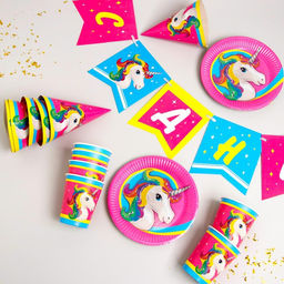 Набор бумажной посуды Единорог жемчужная фольга, 6 тарелок, 1 гирлянда, 6 стаканов, 6 колпаков - Страна карнавалия фото 2