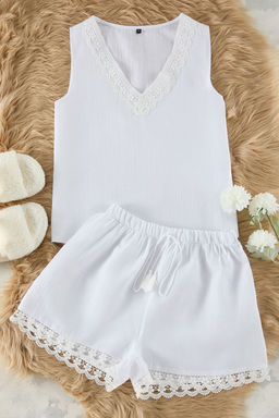 Trendyolmilla Beyaz %100 Pamuklu Dantel Dateyl? Muslin Sortlu Dokuma Pijama Tak?m? THMSS25PT00023  фото 6