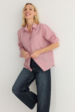 K?rm?z? Cizgili Oversize Genis Kal?p Dokuma Gomlek TWOAW23GO00359