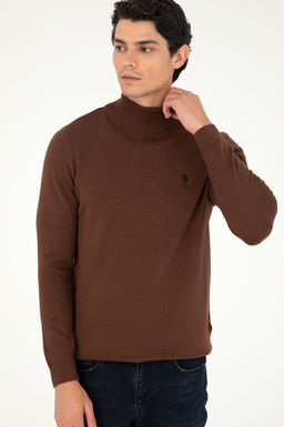 Erkek Slim Fit Yar_m Bo_azl_ Kahverengi Basic Kazak