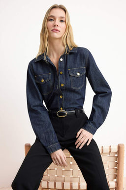Koyu Mavi Dugme Detayl? Basic 100% Pamuk Denim Gomlek TWOSS26GO00004 - Trendyolmilla фото 3
