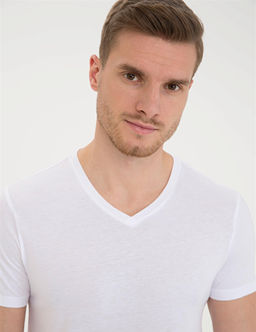 Beyaz Slim Fit V Yaka Basic Ti__rt - Pierre cardin фото 2