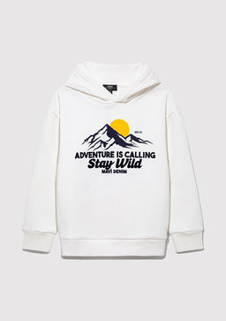 Kapusonlu Bask?l? Beyaz Sweatshirt - Mavi фото 3