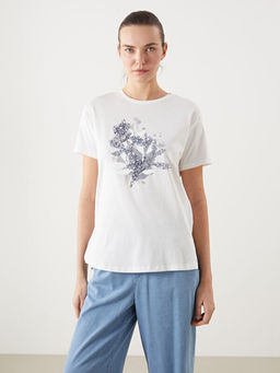 Bisiklet Yaka ?i?ekli Kad?n Ti??rt