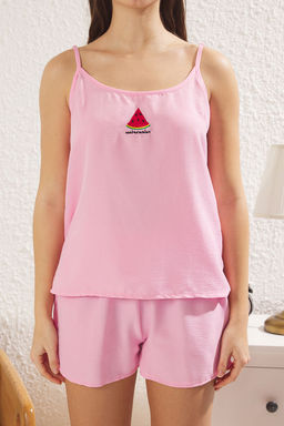 Trendyolmilla Bej Kedi ve Slogan Nak?sl? Ip Ask?l? Sortlu Dokuma Pijama Tak?m? THMSS25PT00124  фото 3