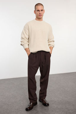 Bej Oversize Fit Couple/Cift Genis Kal?p Bisiklet Yaka Basic Triko Kazak TMNAW23KZ00189