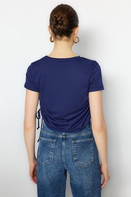 Lacivert %100 Pamuk Bisiklet Yaka Buzgulu Basic Orme T-Shirt TWOSS21TS0131