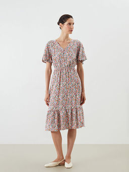 V Yaka ?i?ekli Belden Oturtmal? Elbise