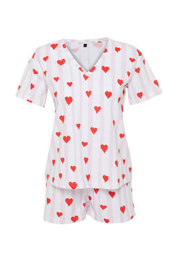 Trendyolmilla Pudra-Cok Renkli %100 Pamuklu Cizgili ve Kalpli Sortlu Orme Pijama Tak?m? THMSS24PT00073  фото 8