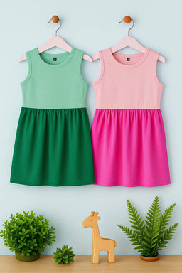 Pembe-Mint 2li K?z Cocuk %100 Pamuk Renk Bloklu Kolsuz Orme Elbise TKDSS25EL00093