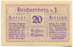 20 геллеров 1920 года Австрия Рейхенберг (нотгельд)