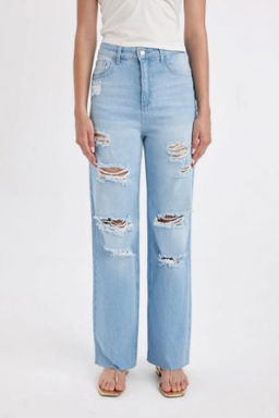 90s Wide Leg Yuksek Bel Genis Paca Y?rt?k Detayl? Y?kamal? Jean Pantolon