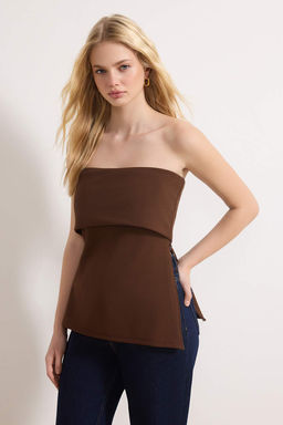 Kahverengi Straplez Yaka Yandan Fermuarl? Krep Orme Bluz TWOSS23BZ00928