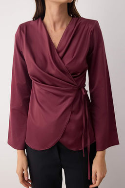 Bordo Saten Kruvaze Dokuma Bluz TWOAW26BZ00052 - Trendyolmilla фото 7