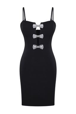 TRENDYOLMILLA Siyah Vucuda Oturan Fiyonk Detayl? Dokuma K?sa S?k Elbise TPRSS25EL00010  фото 4