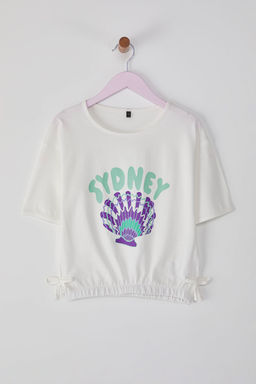 Pudra K?z Cocuk %100 Pamuk Palmiye Bask?l? Etegi Lastikli K?sa Kol Orme T-Shirt TKDSS25TS00060